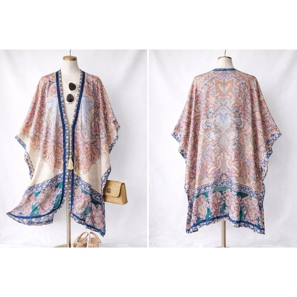 chicoSilk Kaftan Kimono Top One Size Boho Paisley Multicolor Luxury Designer Y2K